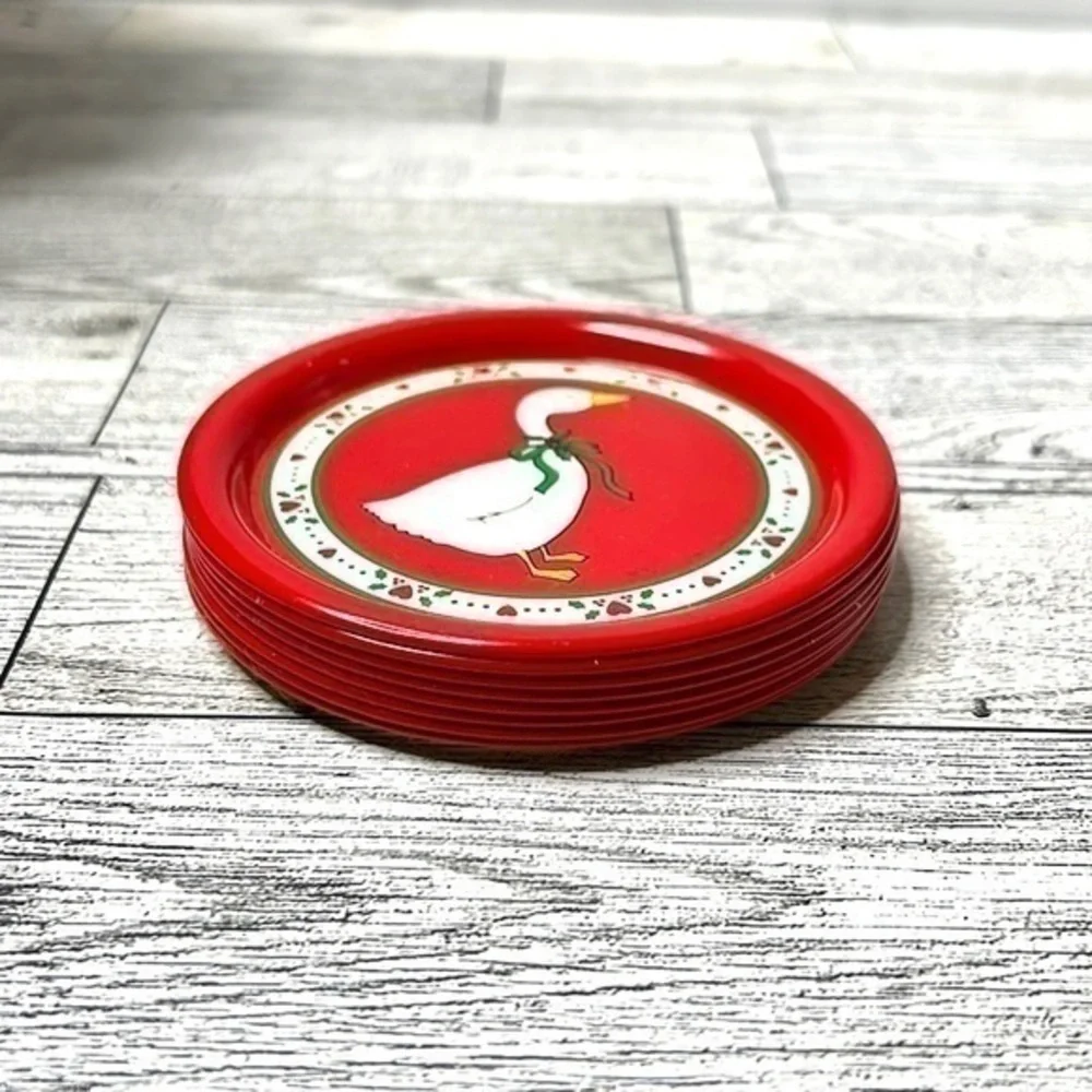 Vintage Aluminum Tin Christmas Geese Coaster Set (8)